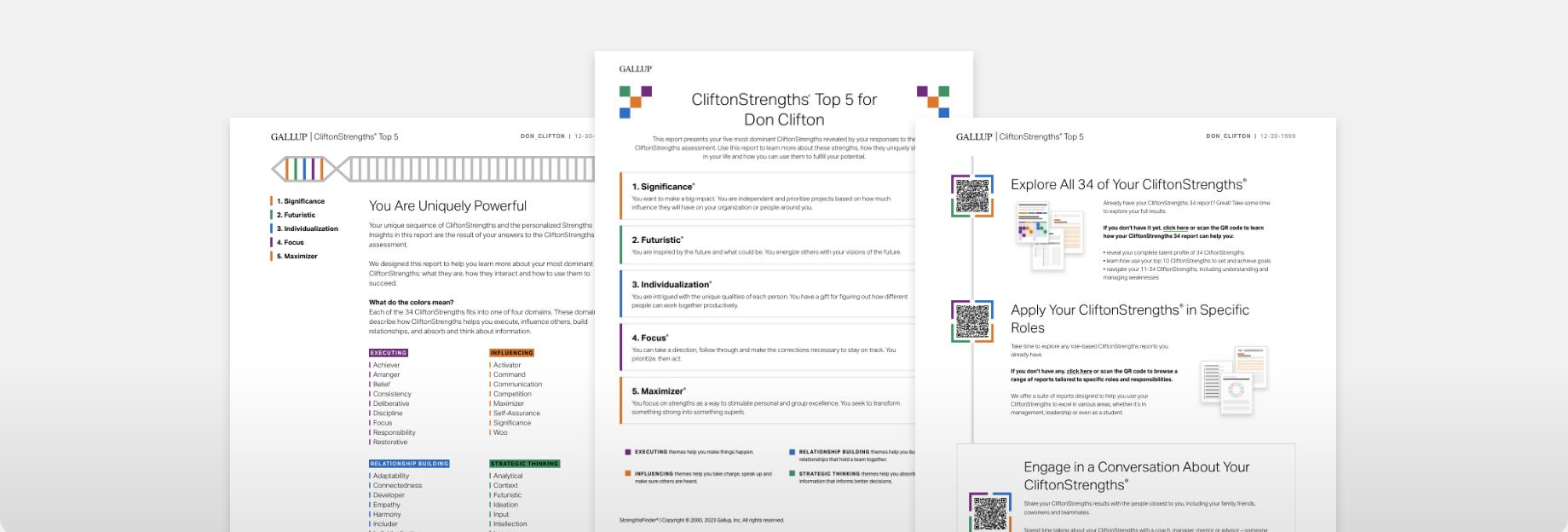 Three page example of CliftonStrengths Top 5 Report