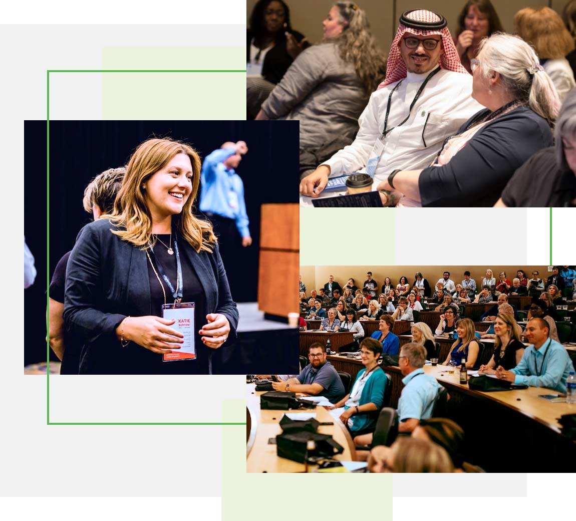 collage of conference rooms with an course leader instructing participants.
