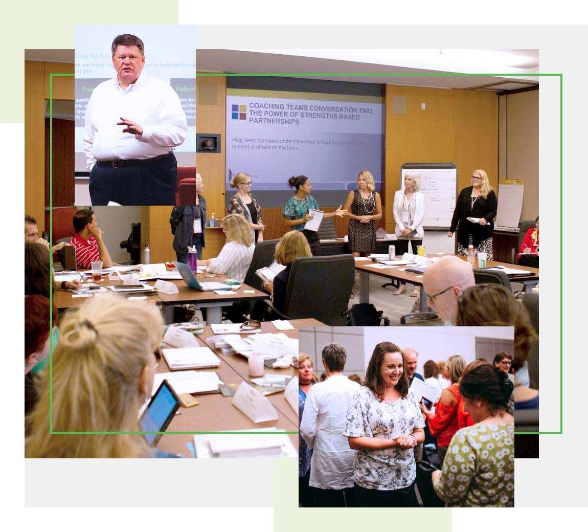 collage of conference room with an course leader instructing participants