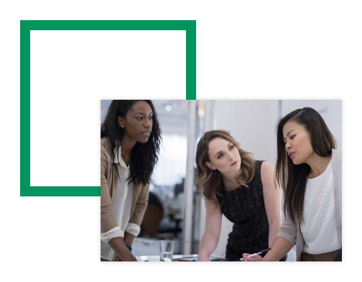 Image of employees planning over image of a red square