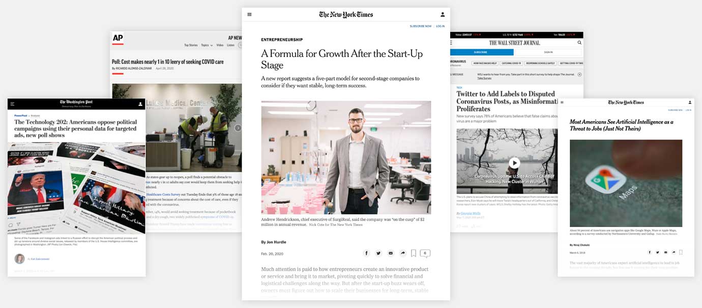 A descriptive image collage of news coverage garnered on public sector research projects.